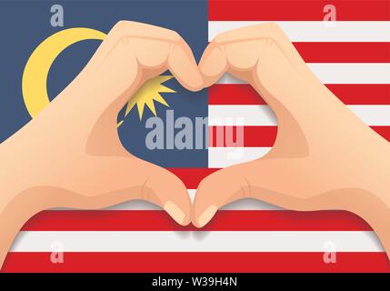 Malaysia Fahne und Hand Herz Form. Patriotischen Hintergrund. Nationalflagge von Malaysia Vector Illustration Stock Vektor