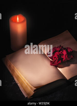 Eine verwelkte Rose, Schuß close-up, liegt auf den Seiten eines offenen Buches, neben eine Kerze brennt. leere Seite, Platz für Text, Copyspace. Stockfoto