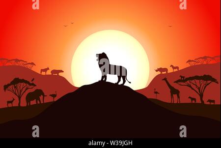 Roaring Silhouette eines Löwen auf einem Hügel Stock Vektor