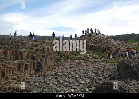 Besucher auf der Oberseite des Schwarzen sechseckigen Basaltsäulen Verriegelung auf Causeway Coastal Weg des Riesen, County Antrim, Nordirland, Großbritannien. Stockfoto