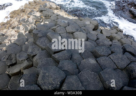 Die Oberseiten der Schwarzen sechseckigen Basaltsäulen Verriegelung auf Causeway Coastal Weg des Riesen, County Antrim, Nordirland, Großbritannien. Stockfoto