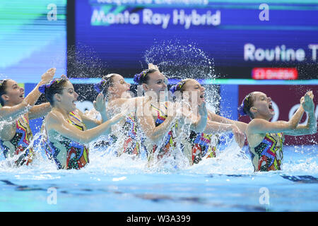 Gwangju, Südkorea. 14. Juli, 2019. Athleten von Australien durchführen, während das Team technische Vorentwurf des künstlerischen Schwimmen an der Gwangju 2019 FINA Weltmeisterschaft in Gwangju, Südkorea, 14. Juli 2019. Credit: Wang Jingqiang/Xinhua/Alamy leben Nachrichten Stockfoto