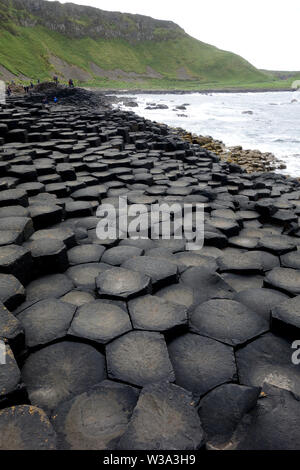 Besucher auf der Oberseite des Schwarzen sechseckigen Basaltsäulen Verriegelung auf Causeway Coastal Weg des Riesen, County Antrim, Nordirland, Großbritannien. Stockfoto