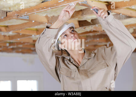 Weibliche Unternehmer mit einem Schraubendreher an der Decke Balken Stockfoto