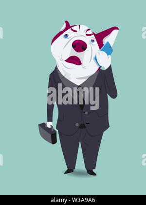 Sibirische Hund im menschlichen Körper tragen Unternehmen passen Sie Ihr Smartphone Tragetasche auf grünem Hintergrund mit Schatten isoliert. Vector Illustration. Stock Vektor