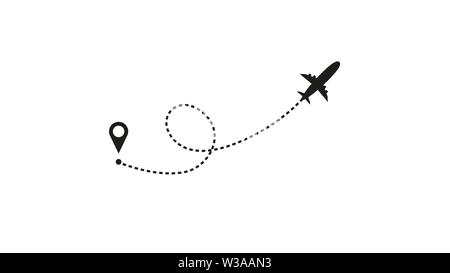 Tourismus und Reisen. Flugzeug Linie Pfad auf weißem Hintergrund. Vektor Icon von Flugzeug Flug route Mit gestrichelte Linie, Punkt beginnen und Stock Vektor