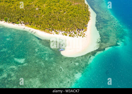 Patongong Insel, Palawan, Philippinen. Tropische Insel mit Palmen und weißem Sand. Atoll mit einer grünen Insel, Ansicht von oben. Stockfoto