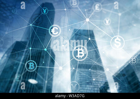 Double Exposure Bitcoin und blockchain Konzept. Digitale Wirtschaft und der Handel mit Devisen. Stockfoto