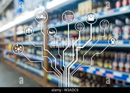 Retail concept Marketing tv E-Commerce Shopping Automation auf unscharfen Supermarkt Hintergrund. Stockfoto