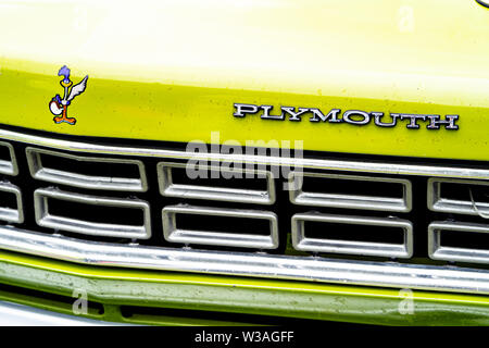 1968 Plymouth Roadrunner, 7390 cc, classic car am Oakamoor Hill Climb, 13. Juli 2019, Oakamoor, Staffordshire, Großbritannien Stockfoto