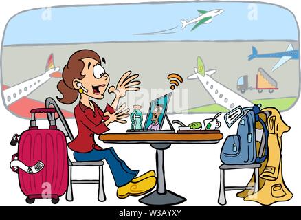 Frau mit einer Videokonferenz in der Flughafen-lounge Stock Vektor