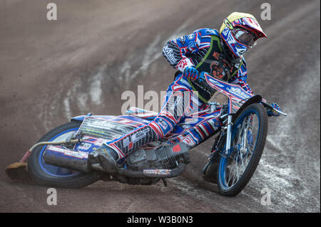 Loomer Rd, Newcastle und, UK. 13. Juli, 2019. Stoke-on-Trent, 14. Juli Henry Atkins in Aktion während der Nationalen Liga 4 Mannschaft Meisterschaft an Stoke Speedway Stadion, Loomer Rd, Newcastle Under Lyne am Samstag, dem 13. Juli 2019. (Credit: Ian Charles | MI Nachrichten) Credit: MI Nachrichten & Sport/Alamy leben Nachrichten Stockfoto