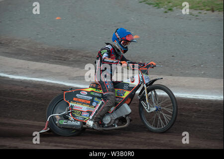 Loomer Rd, Newcastle und, UK. 13. Juli, 2019. Stoke-on-Trent, 14. Juli Jordanien Palin in Aktion während der Nationalen Liga 4 Mannschaft Meisterschaft an Stoke Speedway Stadion, Loomer Rd, Newcastle Under Lyne am Samstag, dem 13. Juli 2019. (Credit: Ian Charles | MI Nachrichten) Credit: MI Nachrichten & Sport/Alamy leben Nachrichten Stockfoto