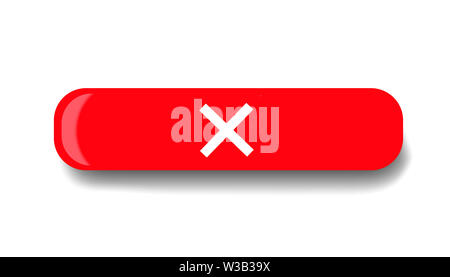 Abbildung. Rote Taste mit Reflexion, weißes Kreuz und Schlagschatten. Stockfoto