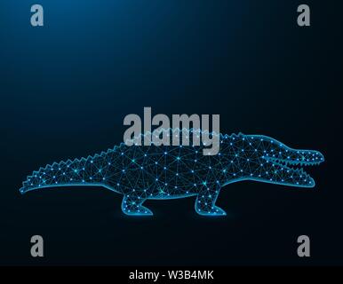Krokodil Low-Poly Modell, Afrikanische Tier polygonalen Drahtmodell, Reptile Vector Illustration auf dunkelblauem Hintergrund Stock Vektor
