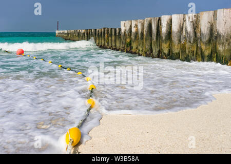 Sea Foam an einem Sandstrand, Dubai, Emirates, Feb. 2018 Stockfoto