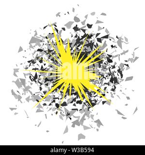 Explosion Wolke von Grau auf weißem Hintergrund. Scharfe Teilchen zufällig in die Luft fliegen Stock Vektor