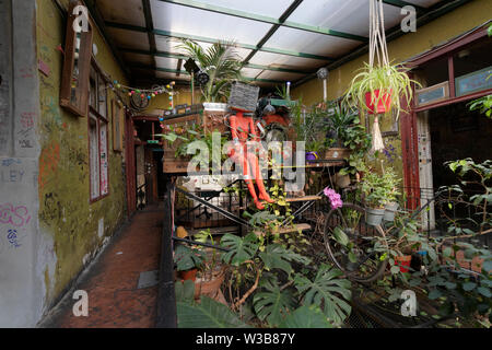 BUDAPEST, Ungarn - 09 April, 2019: Pub Interieur mit antikem Mobiliar und hängenden Gärten im Szimpla Kert pub Ruine, ein beliebtes Touristenziel. Stockfoto