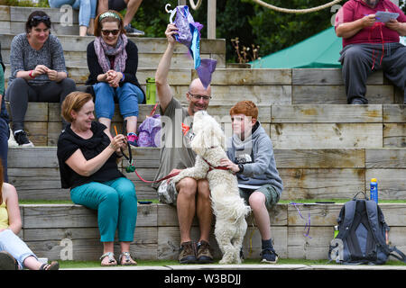 Brighton UK 14. Juli 2019 - Hunde und ihre Besitzer zu erhalten, die für eine Mischung aus Disco und ein Spiel von Bingo, da sie Teil der Welt Premier der Doggy Pop Bingo Disco Show im Brighton Open Air Theater heute. Foto: Simon Dack/Alamy leben Nachrichten Stockfoto