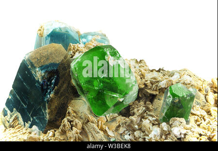 Rauchquarz, Blautopas, grüner Fluorit auf Quarzit Material Stockfoto