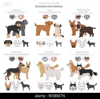 Designer Hunde, Enrage, hybrid mix Hündchen Sammlung isoliert auf Weiss. Flat Style clipart eingestellt. Vector Illustration Stock Vektor