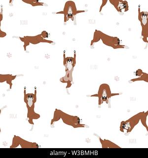 Yoga hunde Posen und Übungen. Boxer Hund nahtlose Muster. Vector Illustration Stock Vektor