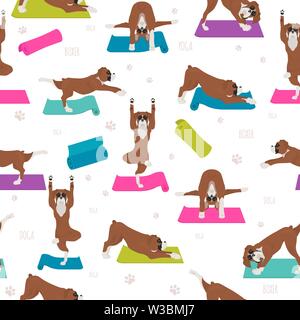 Yoga hunde Posen und Übungen. Boxer Hund nahtlose Muster. Vector Illustration Stock Vektor