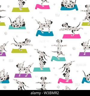 Yoga hunde Posen und Übungen. Dalmatiner nahtlose Muster. Vector Illustration Stock Vektor