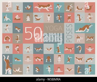 Yoga hunde Posen und Übungen clipart. Lustige cartoon Poster Design. Vector Illustration Stock Vektor