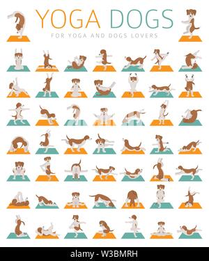 Yoga hunde Posen und Übungen clipart. Lustige cartoon Poster Design. Vector Illustration Stock Vektor