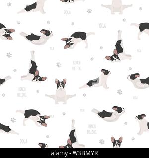 Yoga hunde Posen und Übungen. Französische Bulldogge nahtlose Muster. Vector Illustration Stock Vektor