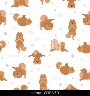 Yoga hunde Posen und Übungen. Pomeranian nahtlose Muster. Vector Illustration Stock Vektor