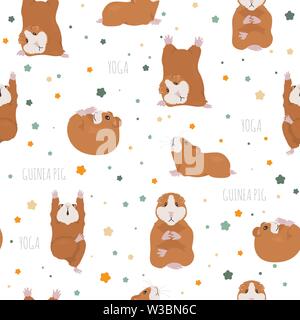 Meerschweinchen Yoga Posen und Übungen. Cute cartoon nahtlose Muster. Vector Illustration Stock Vektor