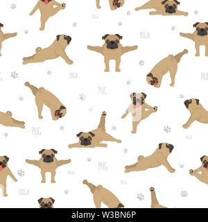 Yoga hunde Posen und Übungen. Pug nahtlose Muster. Vector Illustration Stock Vektor