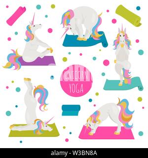 White unicorn Yoga Posen und Übungen. Cute cartoon Clipart eingestellt. Vector Illustration Stock Vektor