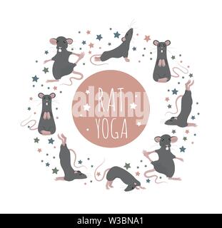 Ratte Yoga Posen und Übungen. Cute cartoon Clipart eingestellt. Vector Illustration Stock Vektor