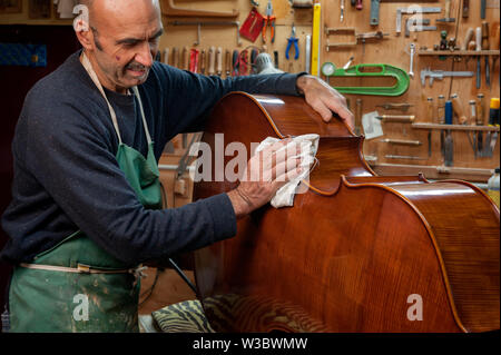 Die gitarrenbaumeister baut eine Doublebass in seiner Werkstatt Stockfoto