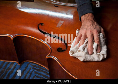 Die gitarrenbaumeister baut eine Doublebass in seiner Werkstatt Stockfoto