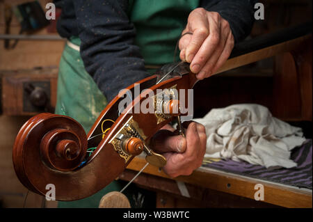 Die gitarrenbaumeister baut eine Doublebass in seiner Werkstatt Stockfoto