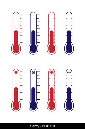 Satz von Vector Icons. Thermometer mit heißen und kalten Temperatur, flache Bauform. Stock Vektor