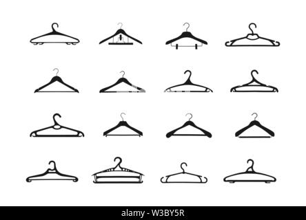 Vektor einrichten von Holz- und Kunststoff Kleiderbügel, flache Bauform. Stock Vektor