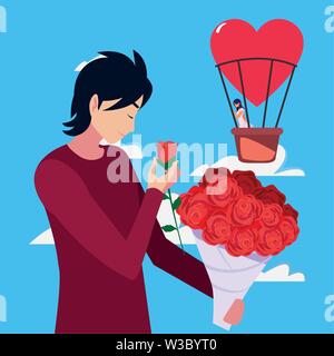 Mann mit Blumenstrauß und Frau auf Air Balloon Vector Illustration Stock Vektor