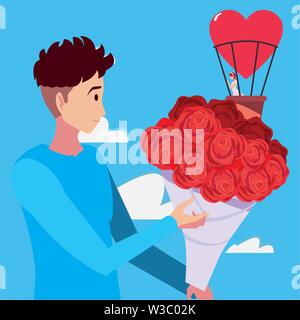 Mann mit Blumenstrauß und Frau auf Air Balloon Vector Illustration Stock Vektor