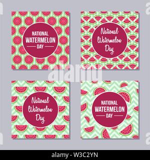 Satz von vier kreativen deckt, nahtlose Muster. Wassermelone Tag. Für Poster, Plakate, Briefe, Karten, Flyer und Banner Designs. Scheiben Stock Vektor