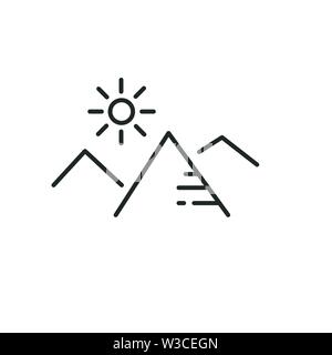 Berge und Sonne Flachbild lineare Symbol in den Farben Schwarz und Weiß. Linie vektor Symbol für Websites und mobile minimalistisch flache Bauform. Stock Vektor