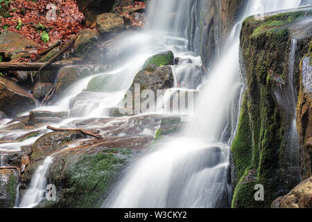 Close up Details der Wasserfall stream. schnelle Strömung mit einer langen Belichtungszeit. Feuchten moosbedeckten Felsbrocken. gefallene Laub, Zweige und Reisig. erfrischende Natur backgro Stockfoto