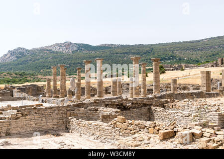 Säulen und Ruinen von der Basilika von Baelo Claudia, eine alte römische Stadt an den Ufern der Meerenge von Gibraltar in der Nähe von Bolonia, Spanien. Stockfoto