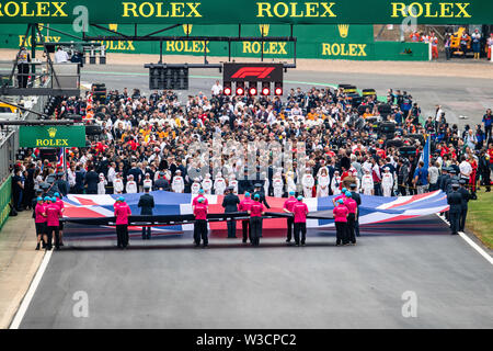 Towcester, Vereinigtes Königreich. 14. Juli, 2019. Nationalhymne in Rennen Tag während der Formel 1 Rolex Grand Prix von Großbritannien 2019 in Silverstone am Sonntag, Juli 14, 2019 in Towcester, ENGLAND. Credit: Taka G Wu/Alamy leben Nachrichten Stockfoto