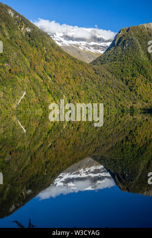 Reflexion der Berge auf Gunn See Fiordlands National Park, South Island, Neuseeland Stockfoto