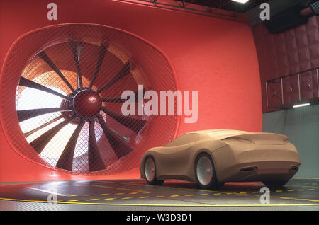 3D-Darstellung. Ton Auto innen Wind tunnel. Design ohne echten Auto Referenz und ohne Copyright. Konzept Sport Auto, Industrie. Stockfoto